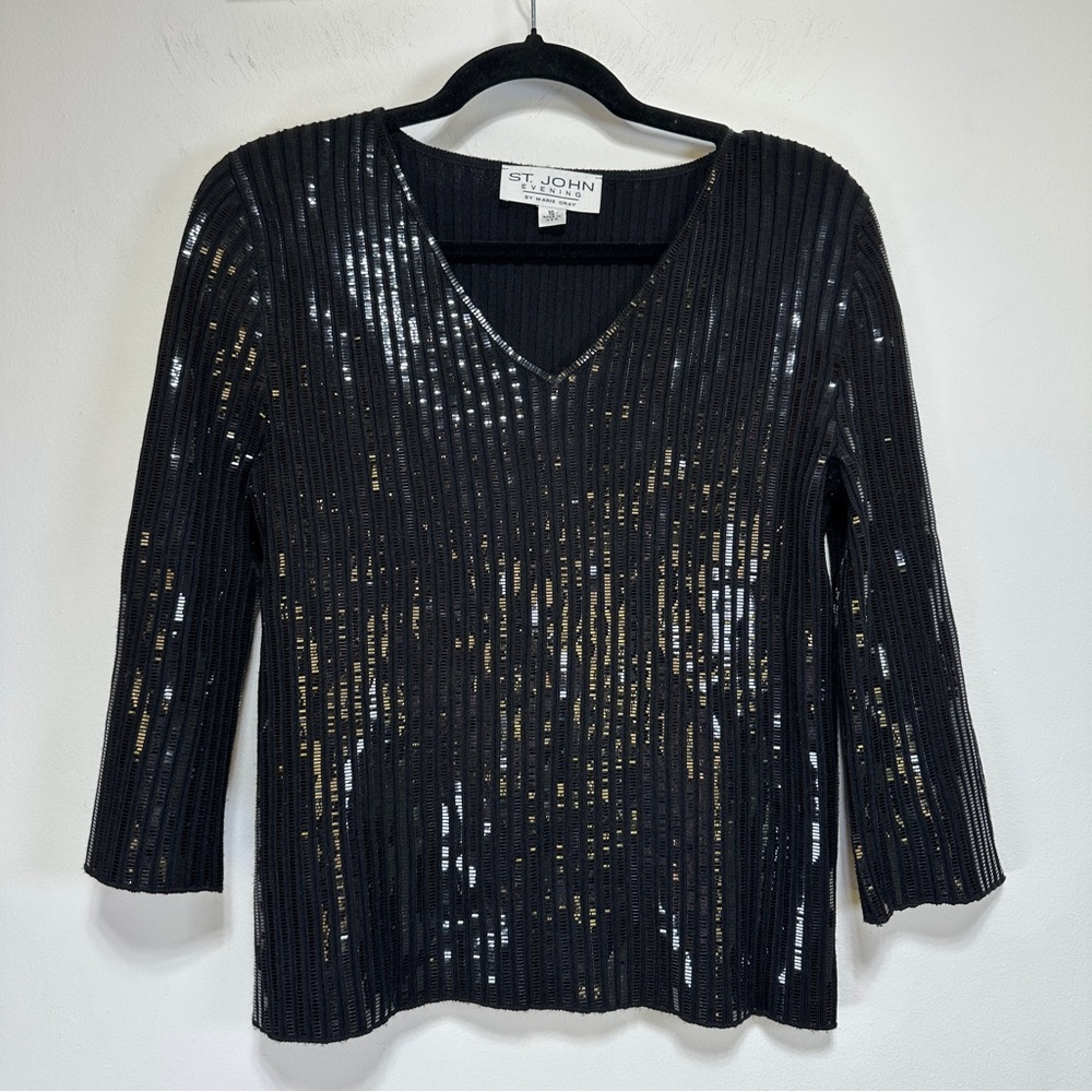 Vintage St. John Marie Gray Beaded Knit Top Black Shimmer Evening Blouse Sz 10